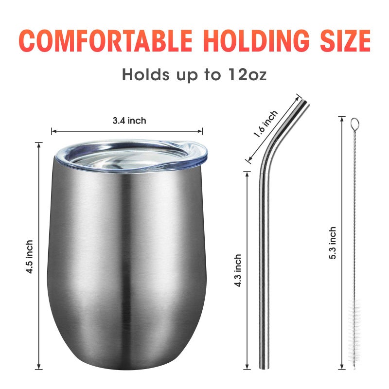 COMOOO 12oz Insulated Wine tumbler with Lid, Stainless Steel Stemless Wine Tumbler Glass,Double Wall Vacuum Wine Tumbler Cups with Straw for Coffee, Cocktails,Beer,Champaign Silver, 4 Pack - Image 3
